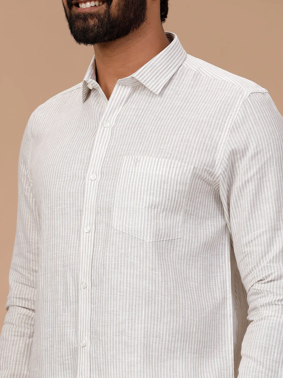 Men Pure Linen Shirt White with Olive Green Stripes - LS87