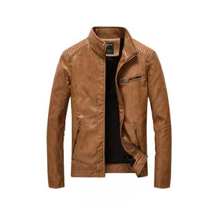 Men Solid Colored Long Sleeve Leather Jacket C3517TCJK