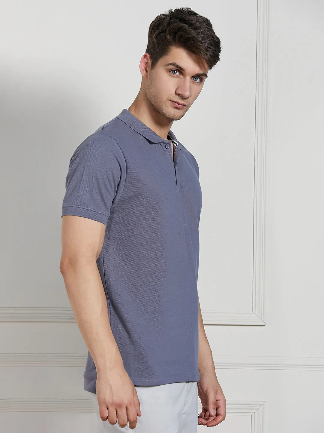 Men's Grey Cotton Regular Fit Polo T-Shirt