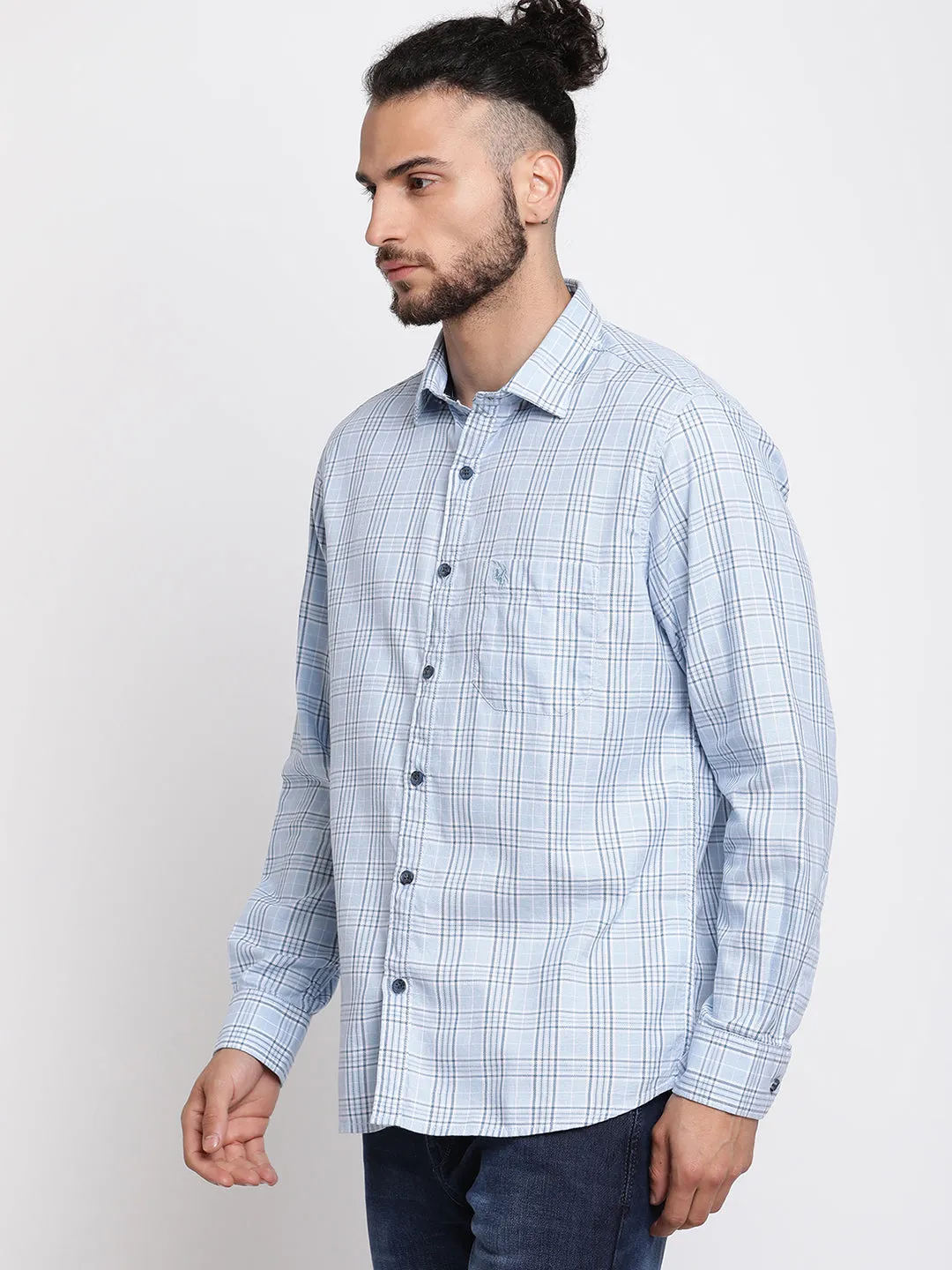 Men's Sky Blue Casual Medium Checks Full Sleeve Shirt