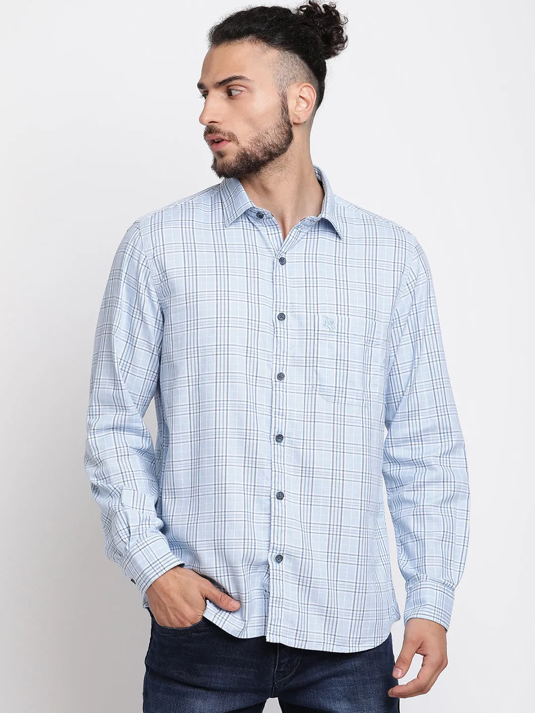 Men's Sky Blue Casual Medium Checks Full Sleeve Shirt