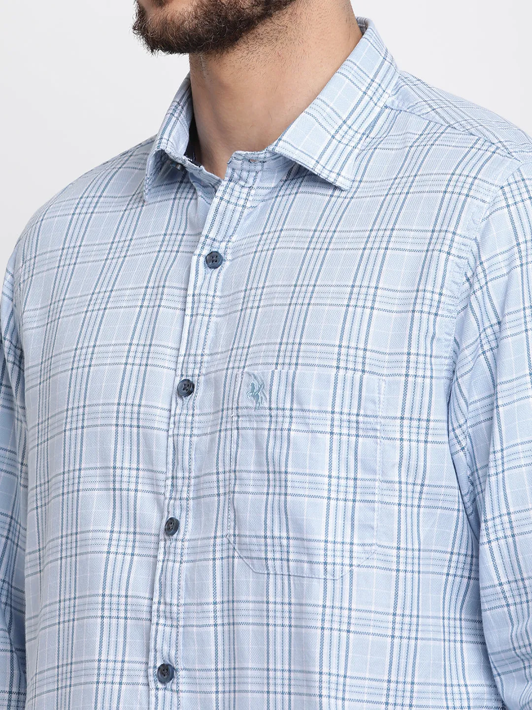 Men's Sky Blue Casual Medium Checks Full Sleeve Shirt