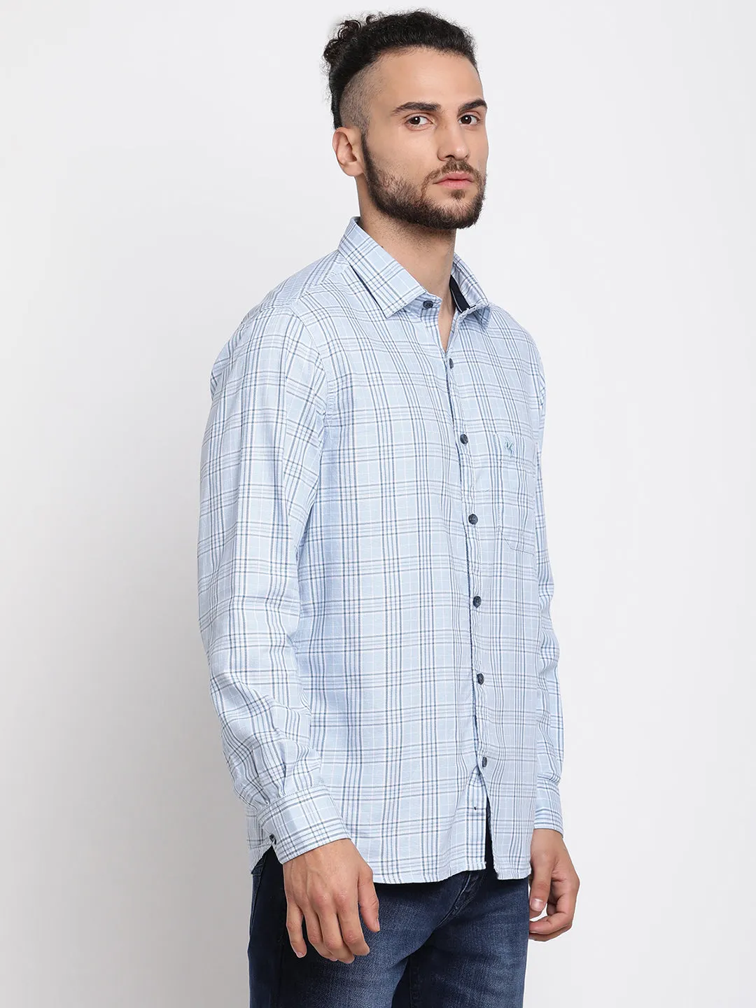 Men's Sky Blue Casual Medium Checks Full Sleeve Shirt