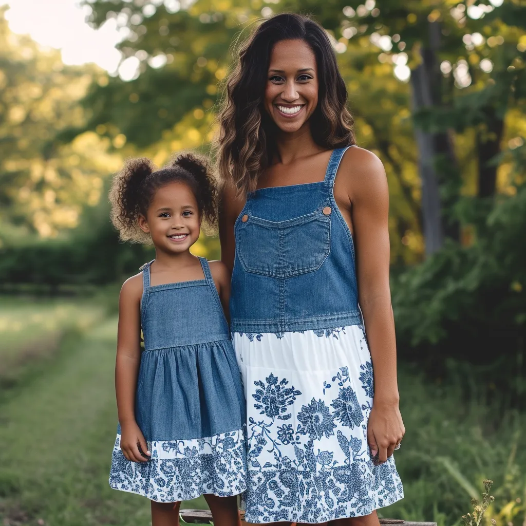 Mother and Daughter Matching Denim Patchwork White Floral Print Dresses