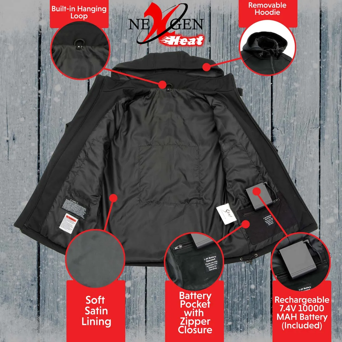 Nexgen Heat NXM1767SET Men's 'Ruffled' Black Soft Shell Heated Hooded Jacket (Included Rechargeable 10000mAh Battery)