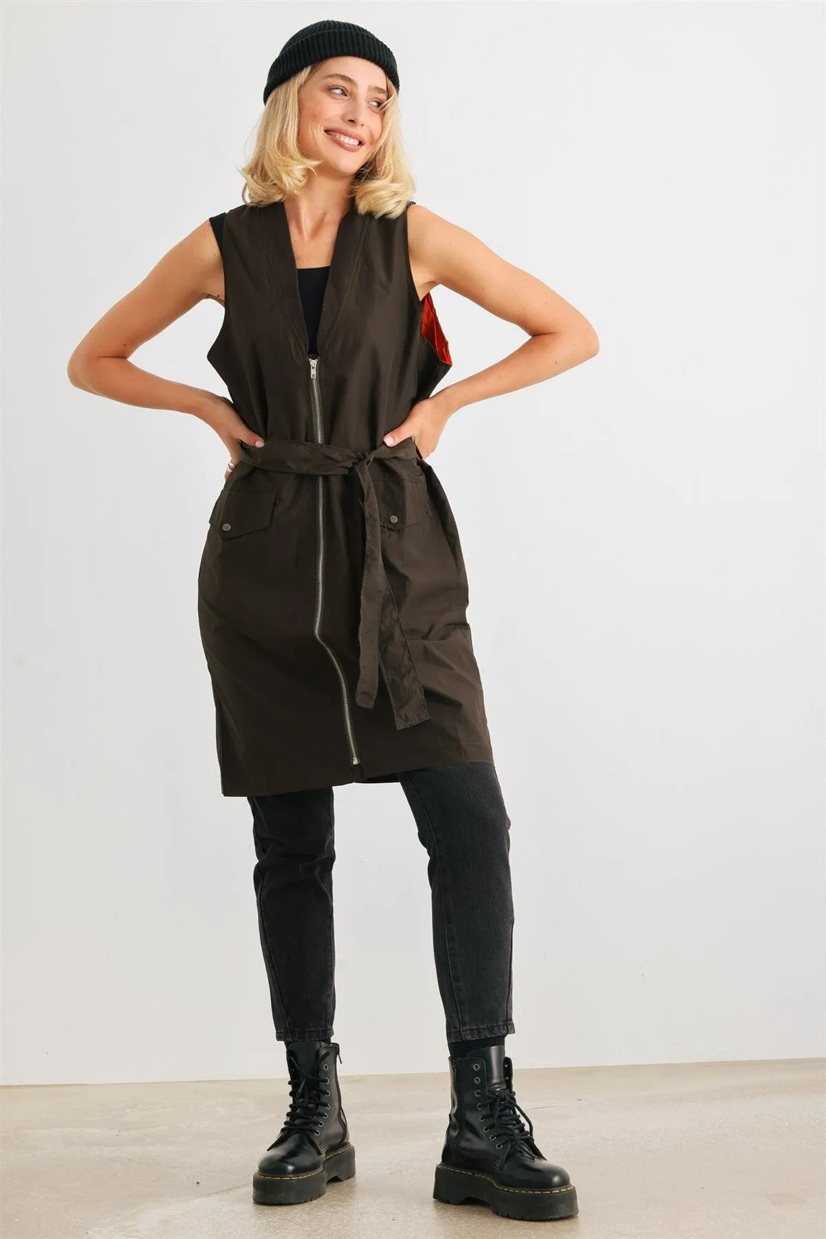 Olive Glossy Zip-Up Belted Two Pocket Long Vest /4-2