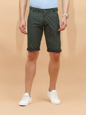 Olive Print Cotton Blend Regular Fit Shorts For Men