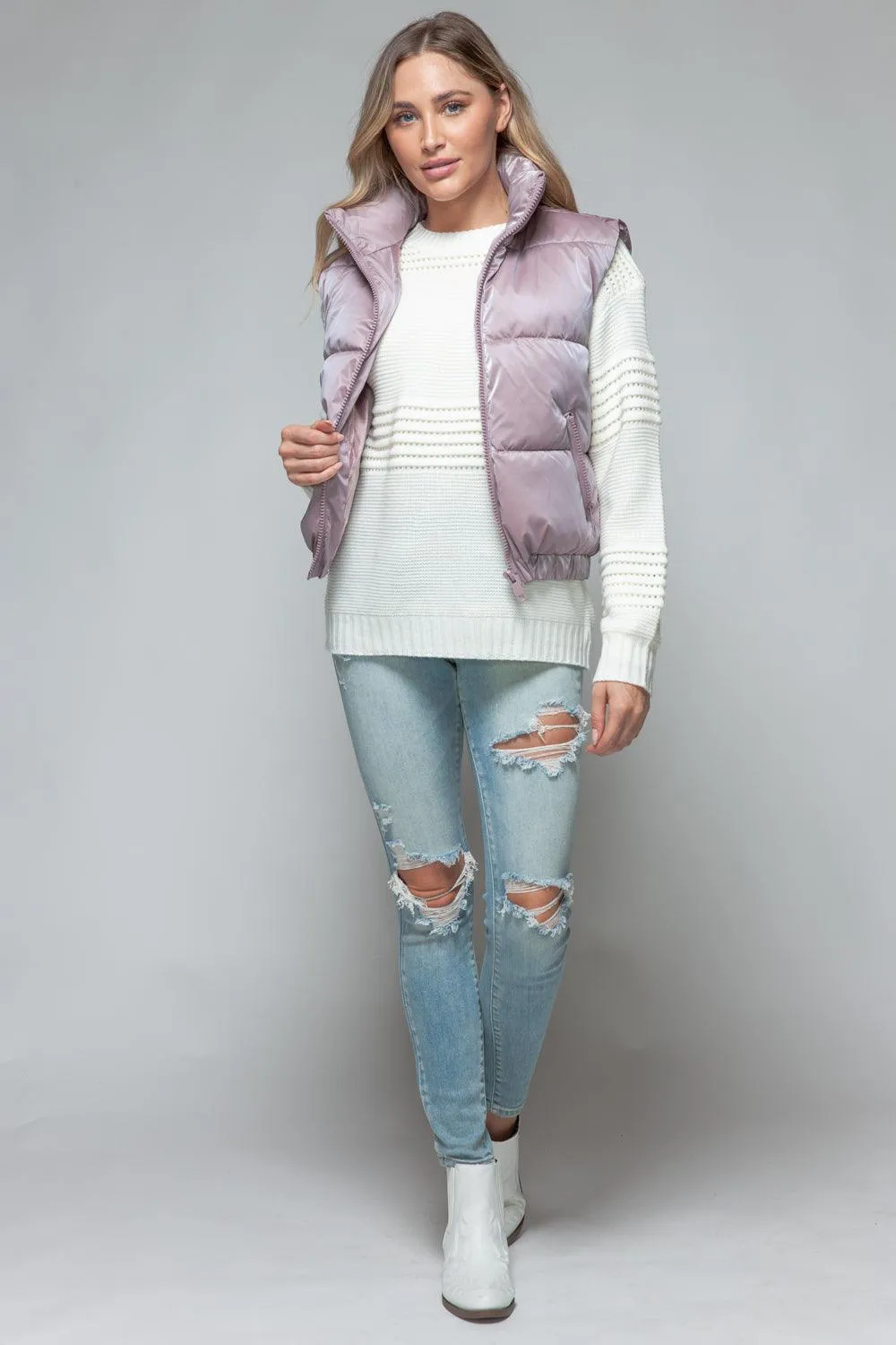 Quilted Vest Snobbish Fine Fur Lining Sleeveless Zip Up Outwear