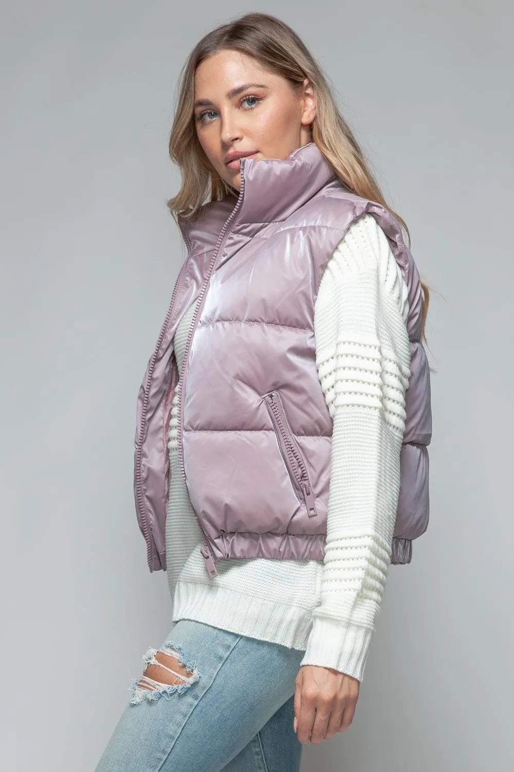 Quilted Vest Snobbish Fine Fur Lining Sleeveless Zip Up Outwear