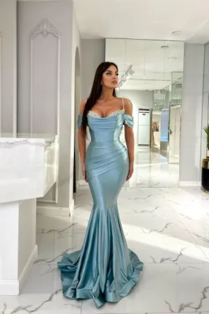 Sexy spaghetti straps cap sleeves mermaid evening dresses with ruffles