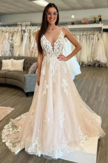 Sleeveless A-Line Floor Length Spaghetti Straps Wedding Dress