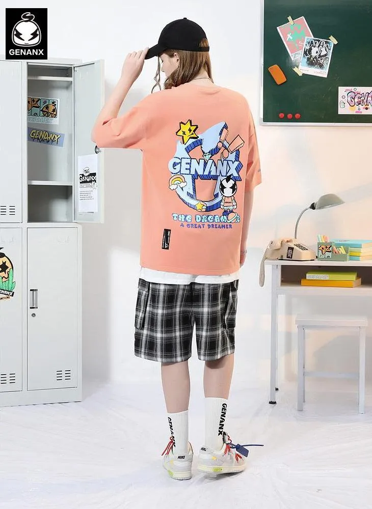 Street Cartoon Letter Print Drop-Shoulder Sleeve T-Shirt