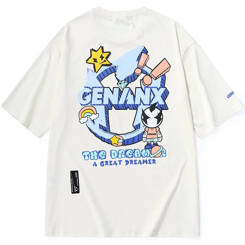 Street Cartoon Letter Print Drop-Shoulder Sleeve T-Shirt