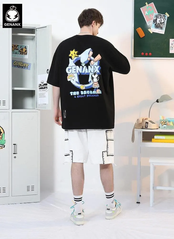 Street Cartoon Letter Print Drop-Shoulder Sleeve T-Shirt