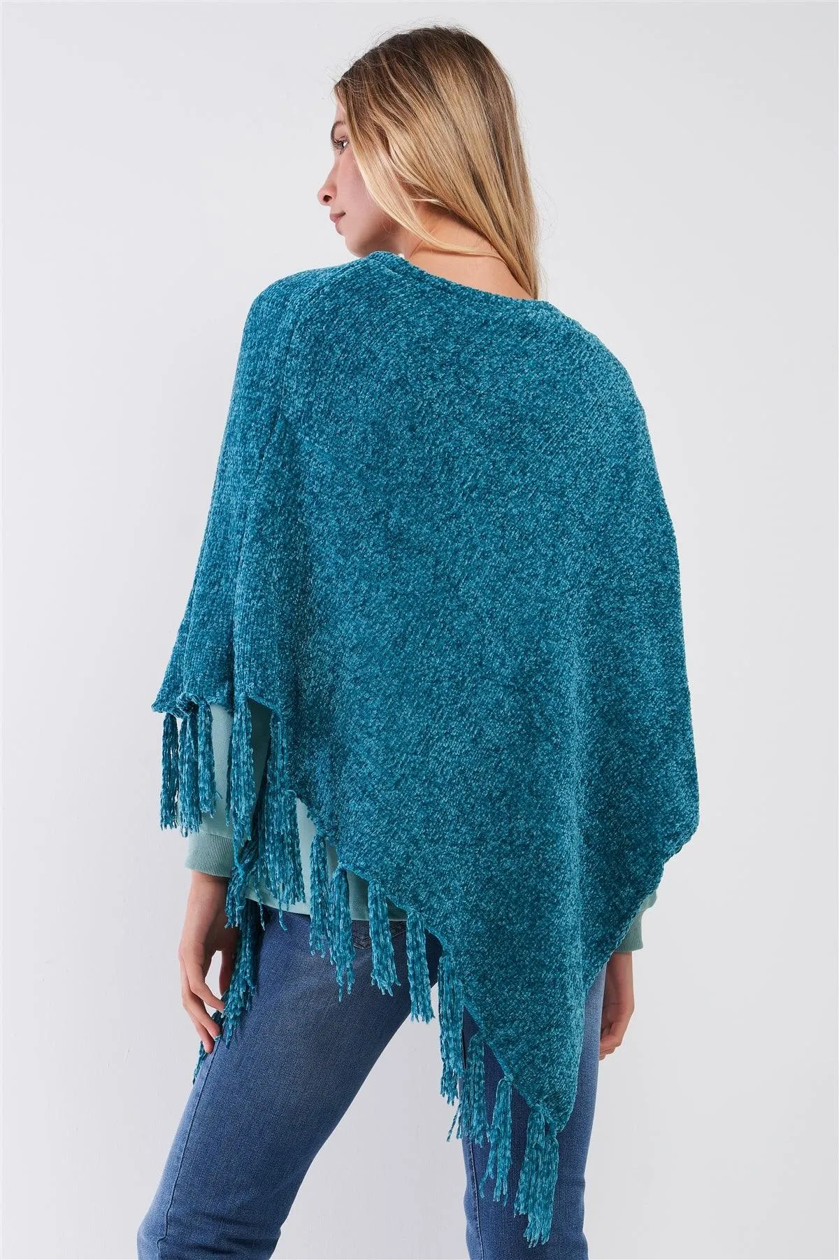 Teal Chenille Knit Tassel Fringe Side Trim Poncho /ONE SIZE