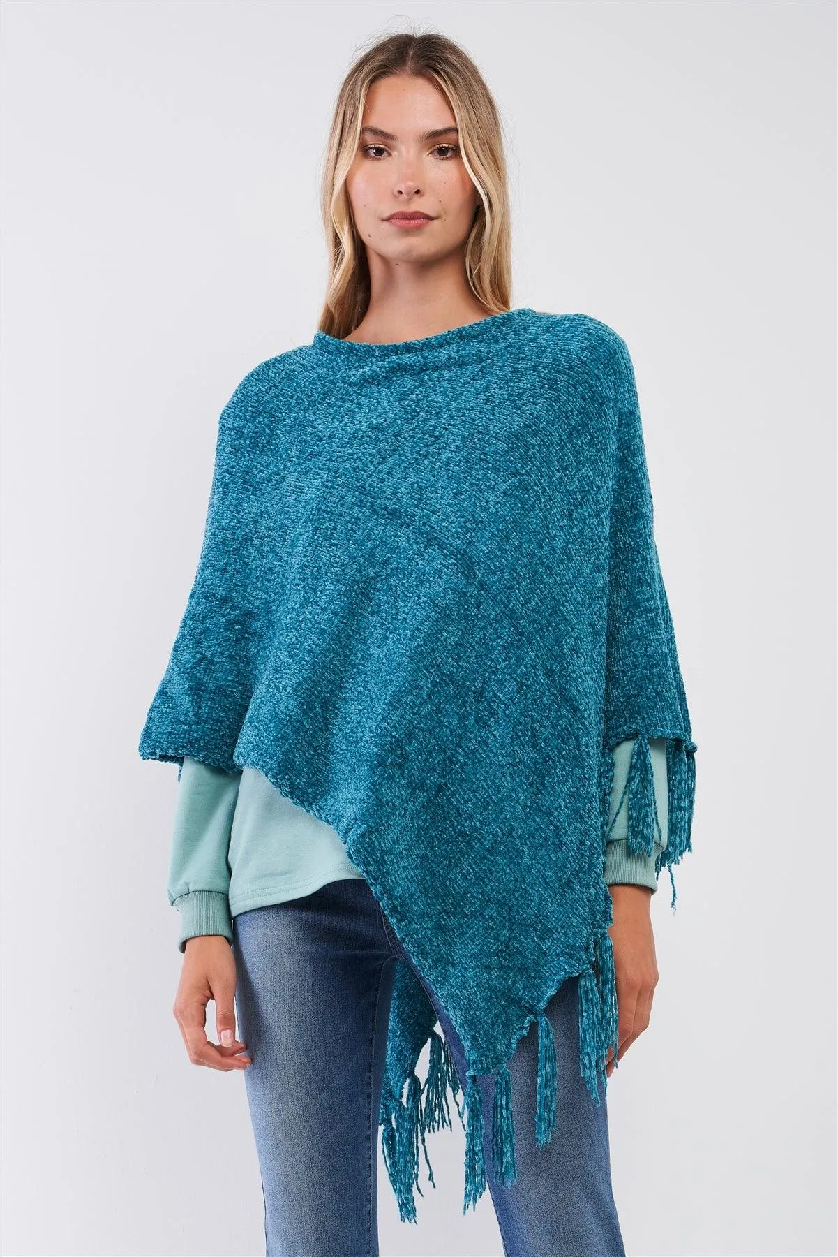 Teal Chenille Knit Tassel Fringe Side Trim Poncho /ONE SIZE