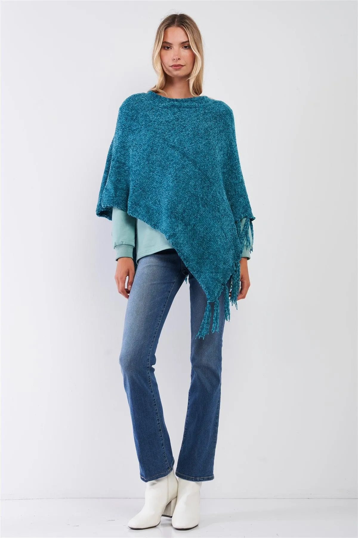 Teal Chenille Knit Tassel Fringe Side Trim Poncho /ONE SIZE