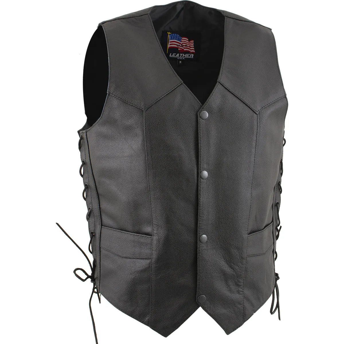 USA Leather 1202 Men's Classic ‘Side Laced’ Black Leather 4 Button Western Style Motorcycle Vest