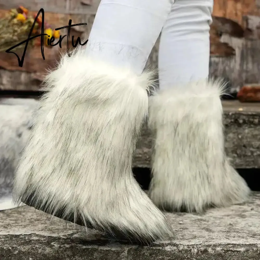 Winter Shoe Women's Winter Fluffy Faux Fox Fur Boots Woman Plush Warm Snow Boots Luxury Footwear Girls' Furry Fur Bottes Fashion