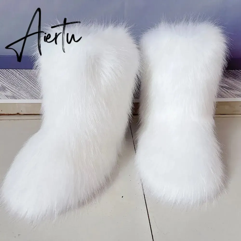 Winter Shoe Women's Winter Fluffy Faux Fox Fur Boots Woman Plush Warm Snow Boots Luxury Footwear Girls' Furry Fur Bottes Fashion