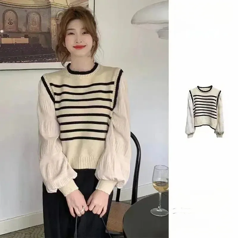 women Black and white striped fake two-piece knitted sweaters pring and autumn Korean soft glutinous pullover sweater female