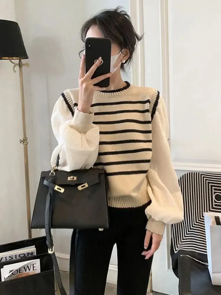 women Black and white striped fake two-piece knitted sweaters pring and autumn Korean soft glutinous pullover sweater female