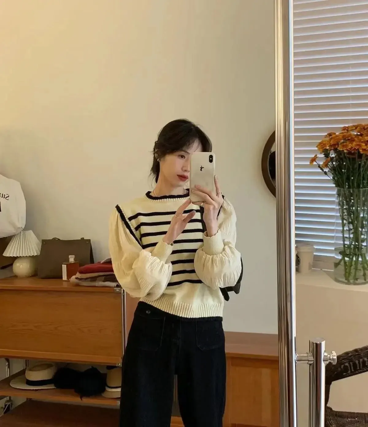 women Black and white striped fake two-piece knitted sweaters pring and autumn Korean soft glutinous pullover sweater female