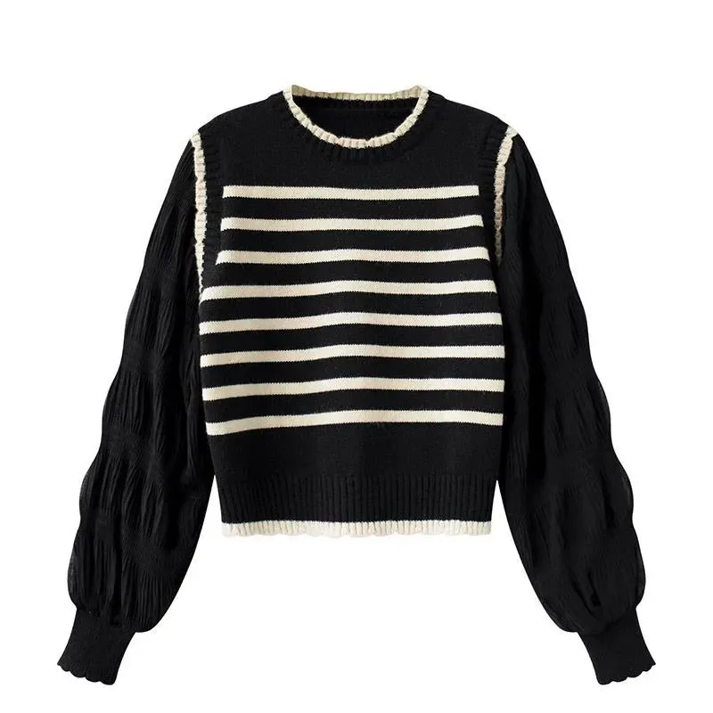 women Black and white striped fake two-piece knitted sweaters pring and autumn Korean soft glutinous pullover sweater female