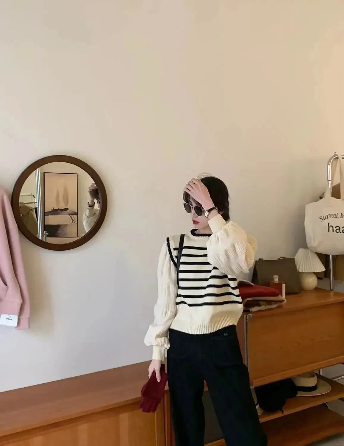 women Black and white striped fake two-piece knitted sweaters pring and autumn Korean soft glutinous pullover sweater female