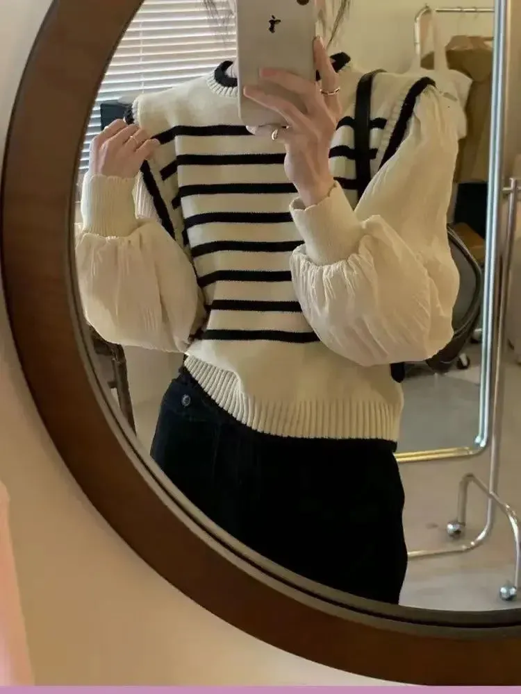 women Black and white striped fake two-piece knitted sweaters pring and autumn Korean soft glutinous pullover sweater female