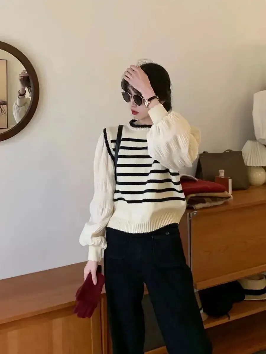 women Black and white striped fake two-piece knitted sweaters pring and autumn Korean soft glutinous pullover sweater female