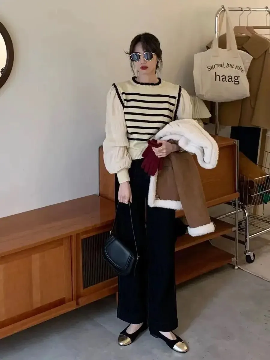 women Black and white striped fake two-piece knitted sweaters pring and autumn Korean soft glutinous pullover sweater female