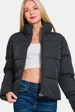 Zenana Zip Up Turtleneck Puffer Jacket with Pockets - Cart Retail