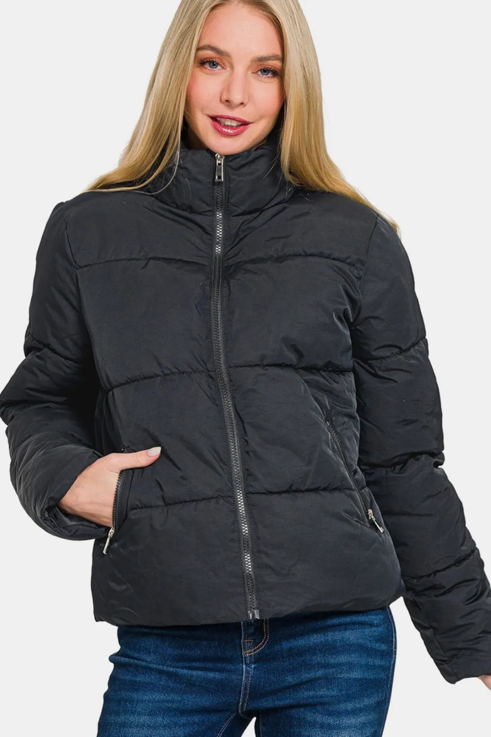 Zenana Zip Up Turtleneck Puffer Jacket with Pockets - Cart Retail